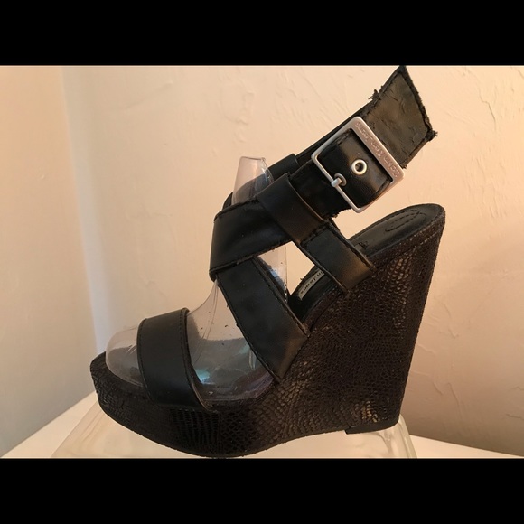 Calvin Klein Black Platform Wedge Leather Heels 6 - Picture 3 of 5